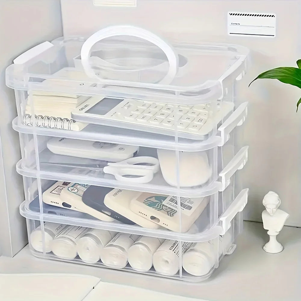 4 Layer Transparent Plastic Storage Box Partitioned Drawer Organizer Building Block Storage Container Portable Box White 22×15×23cm