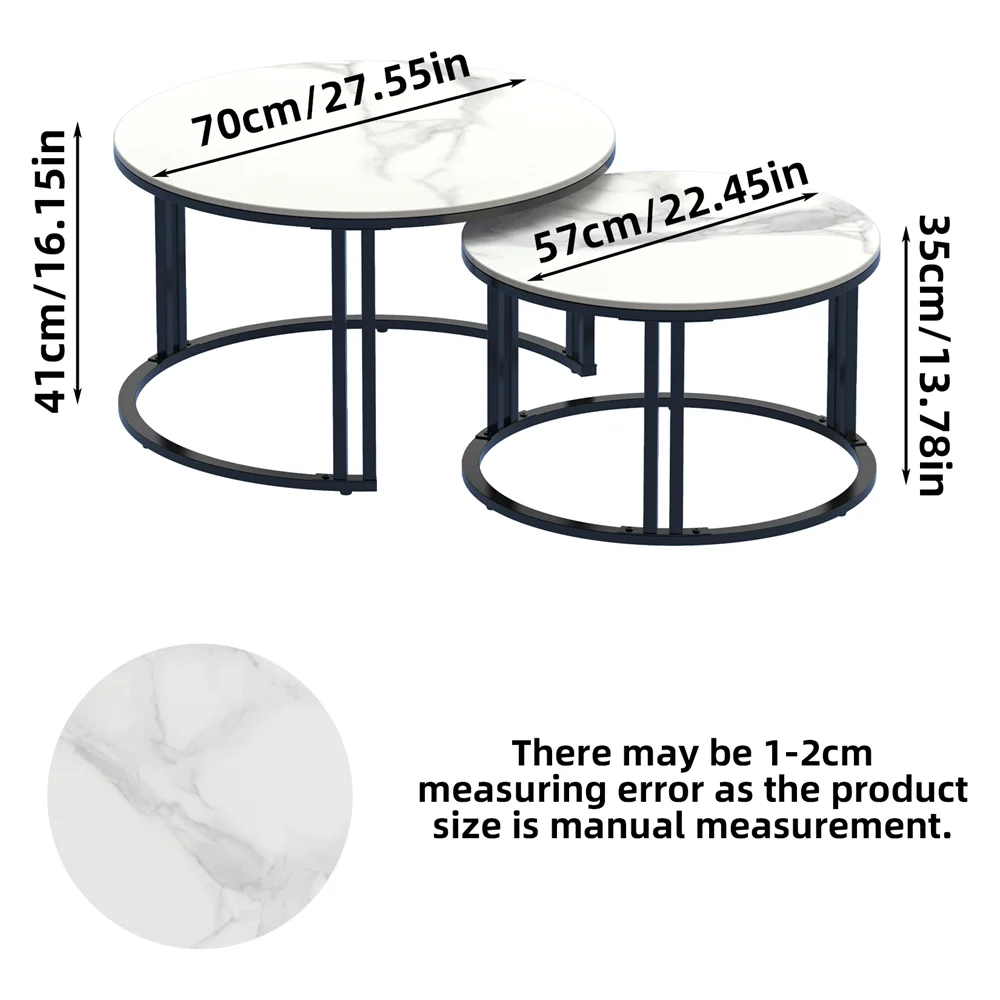 Round Marble Nesting Coffee Table 2 Pack White 70x40cm 57x35cm Space Saving Living Room Side Tables