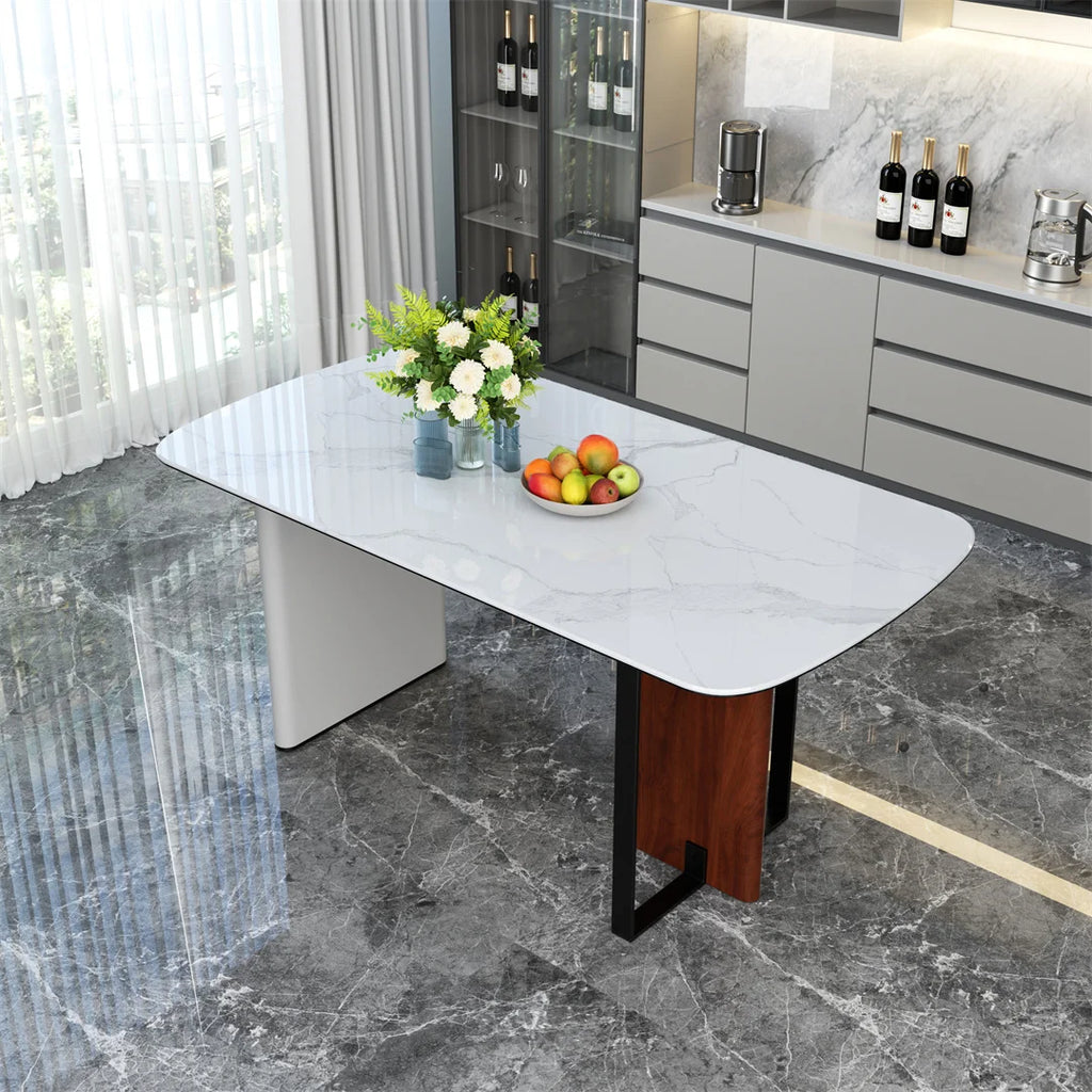 Rectangle Dining Table 160cm 4-6 Seater White Marble Glass Top Walnut Frame Kitchen Dining Table