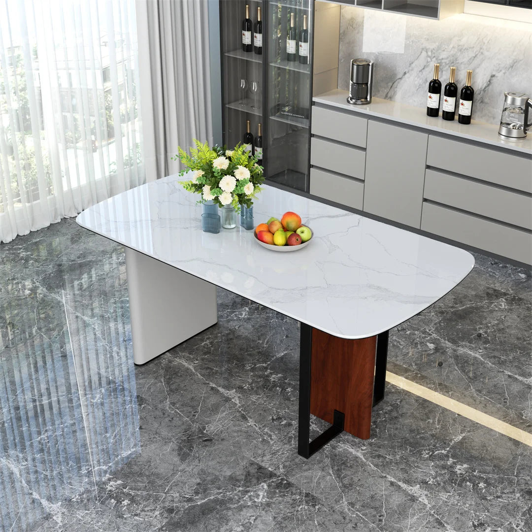 Rectangle Dining Table 160cm 4-6 Seater White Marble Glass Top Walnut Frame Kitchen Dining Table
