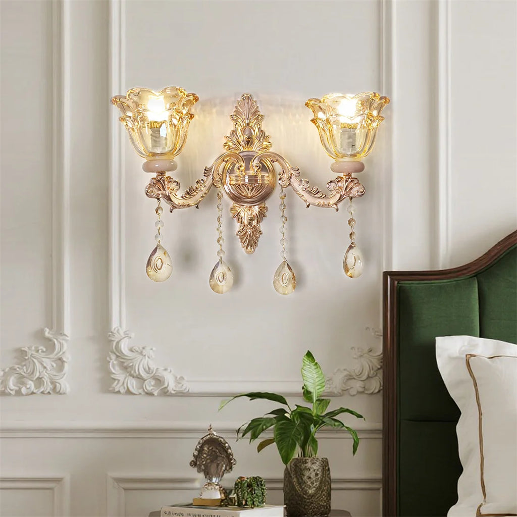 Antique Crystal Glass Wall Lamp Brass Gold Wall Sconce Light with Flower Lampshade for Entrance Bedroom Hallway Decorative Amber 52x32cm