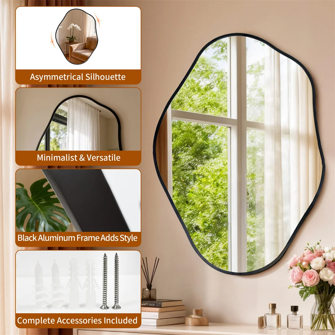 Irregular Wall Mirror 60x80cm Black Aluminum Frame Modern Decorative Vanity Dressing Mirror