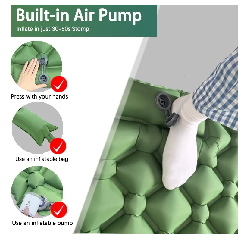 Camping Sleeping Pad Inflatable Air Mattress with Built In Foot Pump and Pillow Ultralight Hiking Mat Green 190x60cm