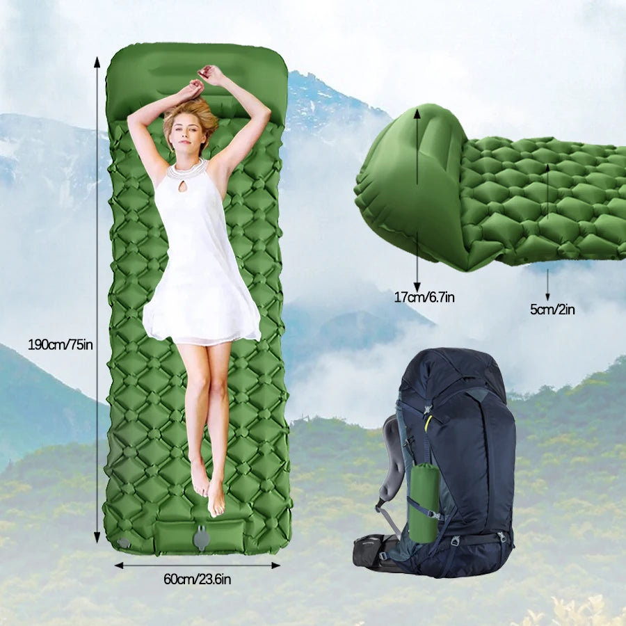 Camping Sleeping Pad Inflatable Air Mattress with Built In Foot Pump and Pillow Ultralight Hiking Mat Green 190x60cm