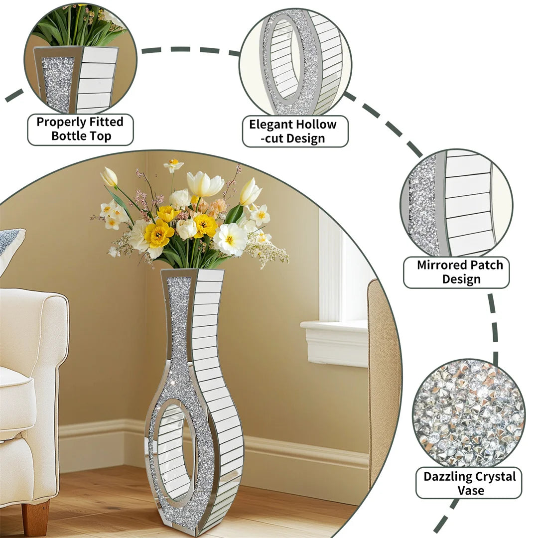 Floor Vase Mirrored Silver Crystal Decorative Flower Vase