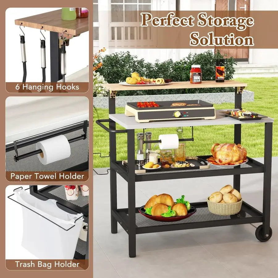 3 Tier Grill Cart Outdoor Pizza Oven Stand with Flip-Up Bar Table Cooking Station with Hooks and Trash Bag Holder Black and White 116.8x55.9x129.5cm