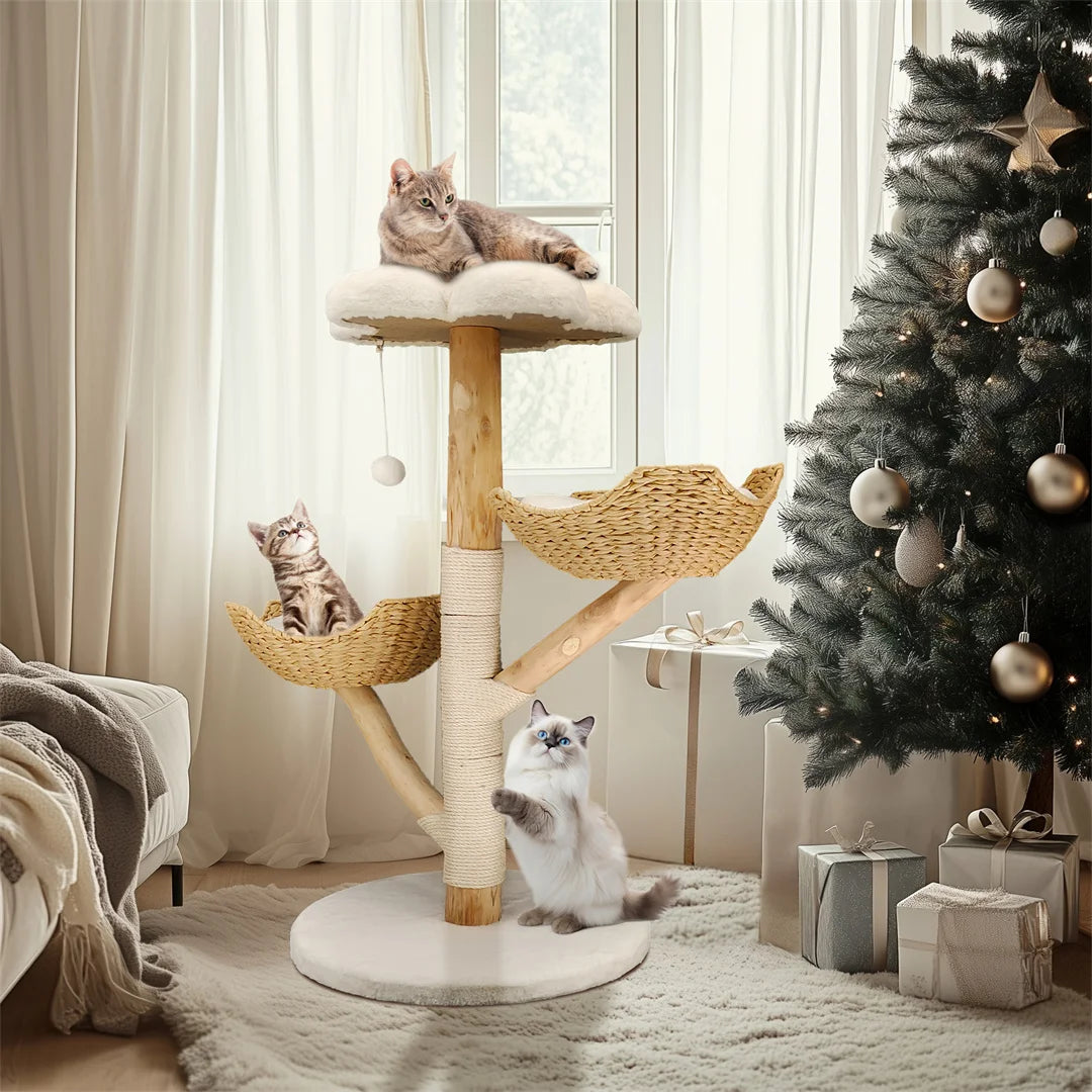 Cat Tree 110cm Solid Wood Climbing Tower with Scratching Post Activity Centre Natural Wood White 60x111cm