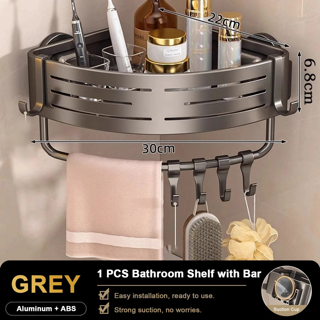 Pro Shower Corner Bathroom Shelf with Towel Holder Hooks Suction Cup Wall Mounted Space Aluminium Rack Grey 30 × 22 × 6.8cm