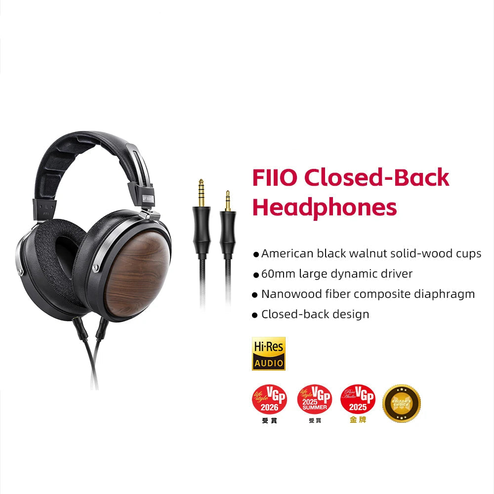 Wired Over Ear Headphones Closed-Back with Fibre Composite Drivers and Walnut Ear Cups Black Wood