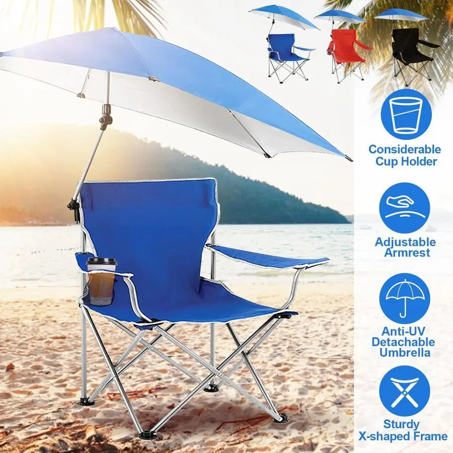 Folding Beach Chair Camp Chair Outdoor Chair for Adults With Adjustable Umbrella & Carrying Bag Blue -