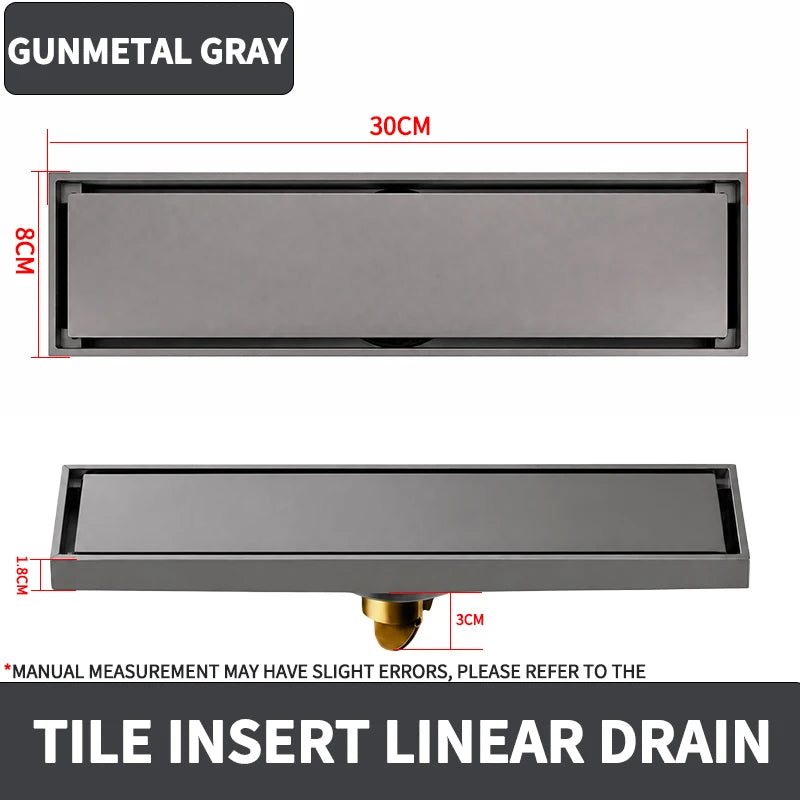 30 × 8cm Stainless Steel Linear Floor Drain Invisible Tile Insert Shower Waste Grate Anti Odor Hair Strainer Bathroom