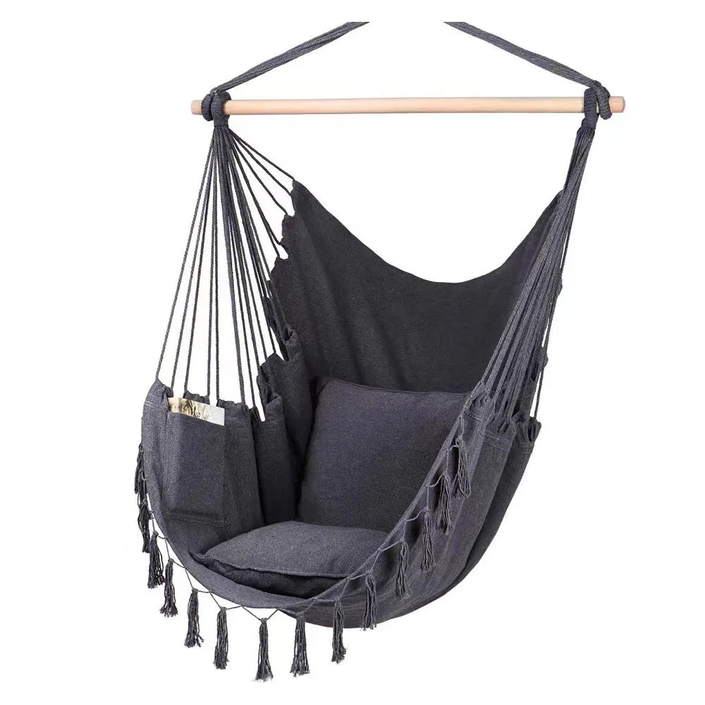 Macrame Hanging Chair Black Cotton Rope Swing with 2 Pillows 226.8 kg Capacity Indoor/Outdoor