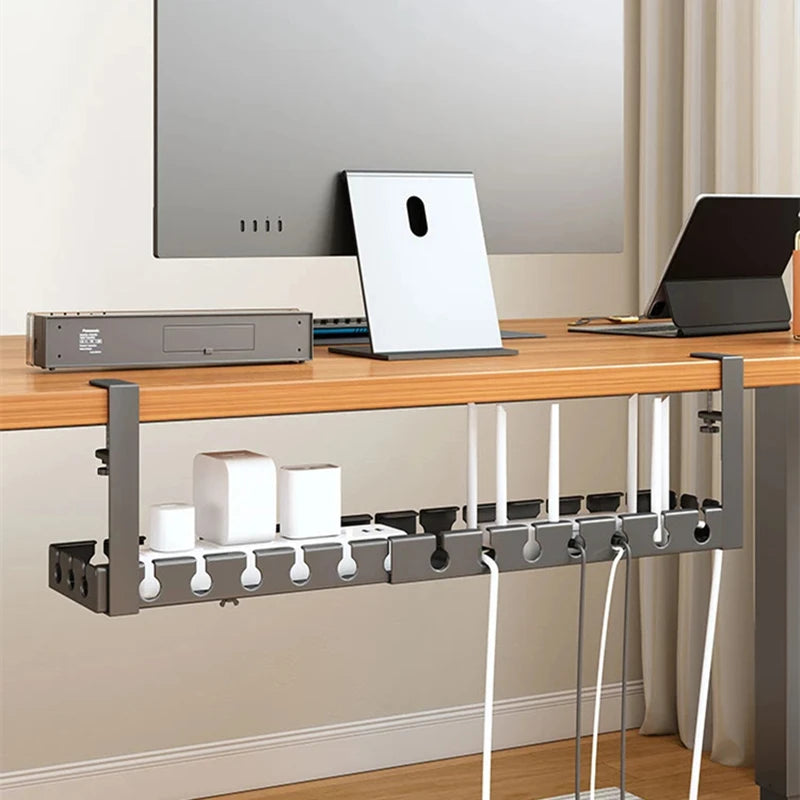 Retractable Under Desk Storage Rack No Drill Metal Cable Management Tray Wire Organizer Power Strip Holder Home Office 43-74×14×19cm