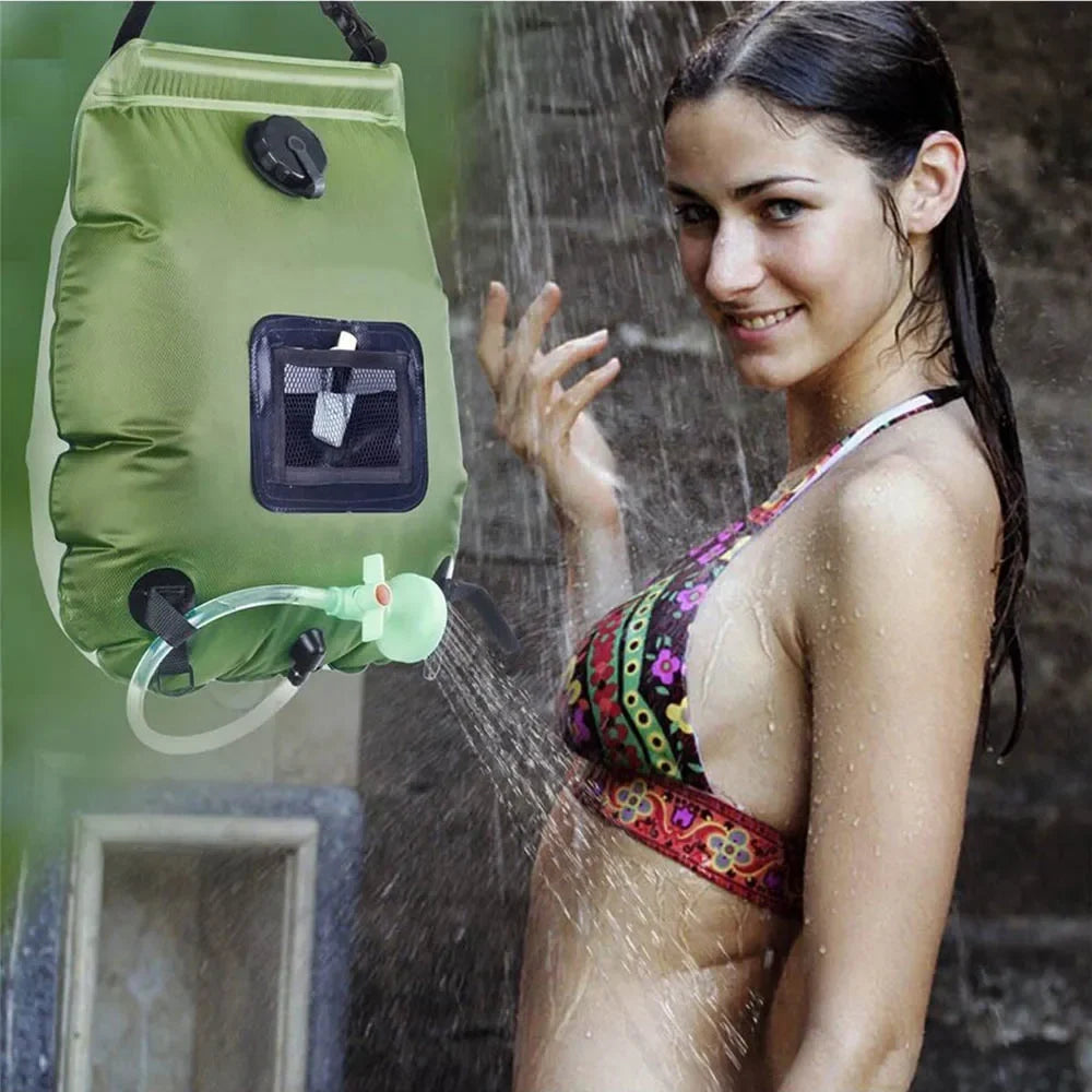 20L Solar Shower Bag Portable Camping Shower with Detachable Hose Shower Head Outdoor Hot Water Equipment Green 50 × 47cm