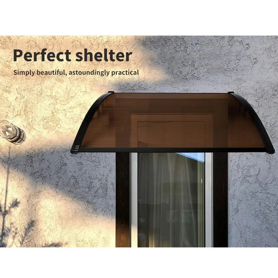 Window Door Awning Brown PC Panel with Black Bracket Outdoor Sun Shade Canopy for Patio, Terrace, Garden, Balcony