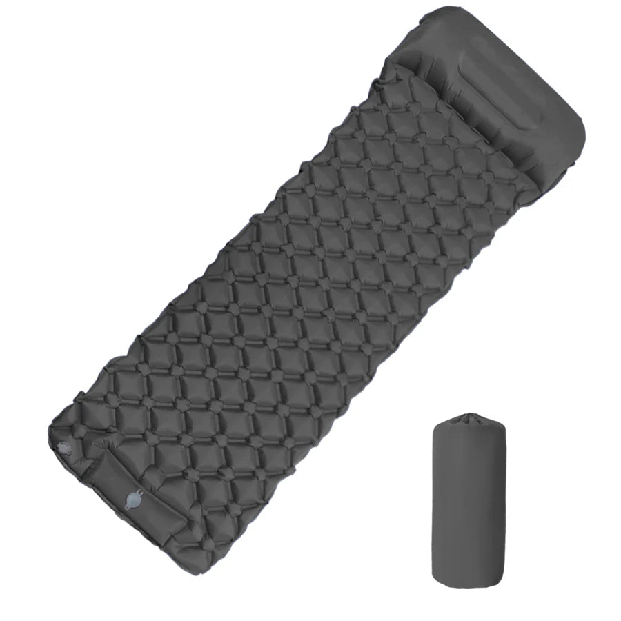 Camping Sleeping Pad Inflatable Air Mattress with Built In Foot Pump and Pillow Ultralight Hiking Mat Gray