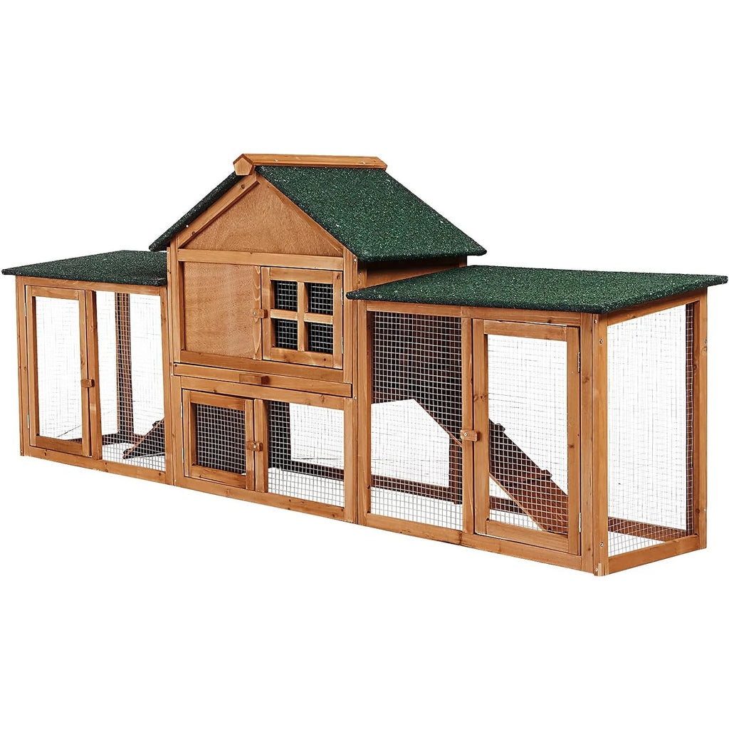 Rabbit Hutch Chook Run Bunny Hutch Rabbit Cage 210cm For Bunny & Chicken Weatherproof With Side Runs, Tray & Ramps Brown and Green