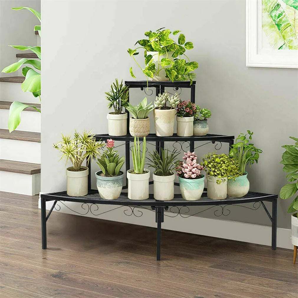 Corner Plant Stand 3 Tier Metal Flower Pot Display Shelf Indoor Outdoor Garden Rack Black 56.3x58.4cm
