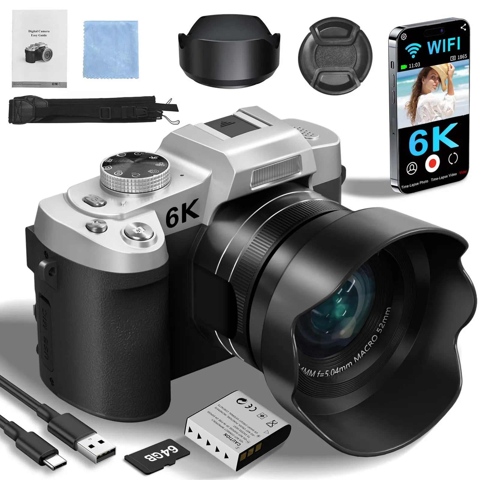 6K Digital Camera 84MP Vlogging Camera with Autofocus Anti Shake 3 Inch Flip Screen Flash and 64GB Memory Card
