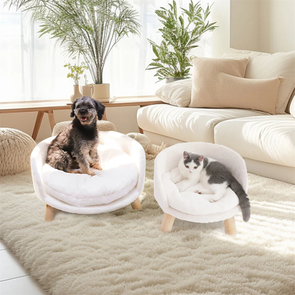Cat Bed Plush Pet Chair Stool with Cushion and Wood Legs White 61.5x32.8cm