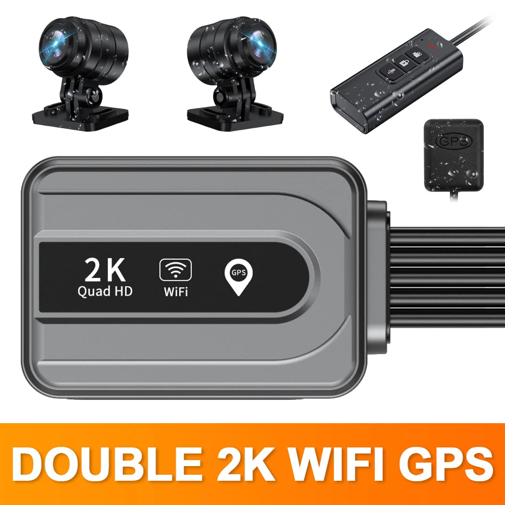 Dual 2K Motorcycle Dash Camera Front and Rear WiFi GPS Waterproof DVR with 128GB Memory Card