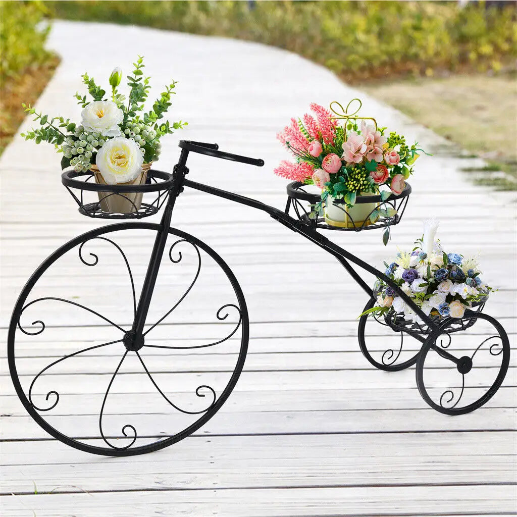 Plant Stand Outdoor Plant Holder Weather Resistant Flower Pot Stand 3 Tier Bicycle Design 79.5x52cm Black