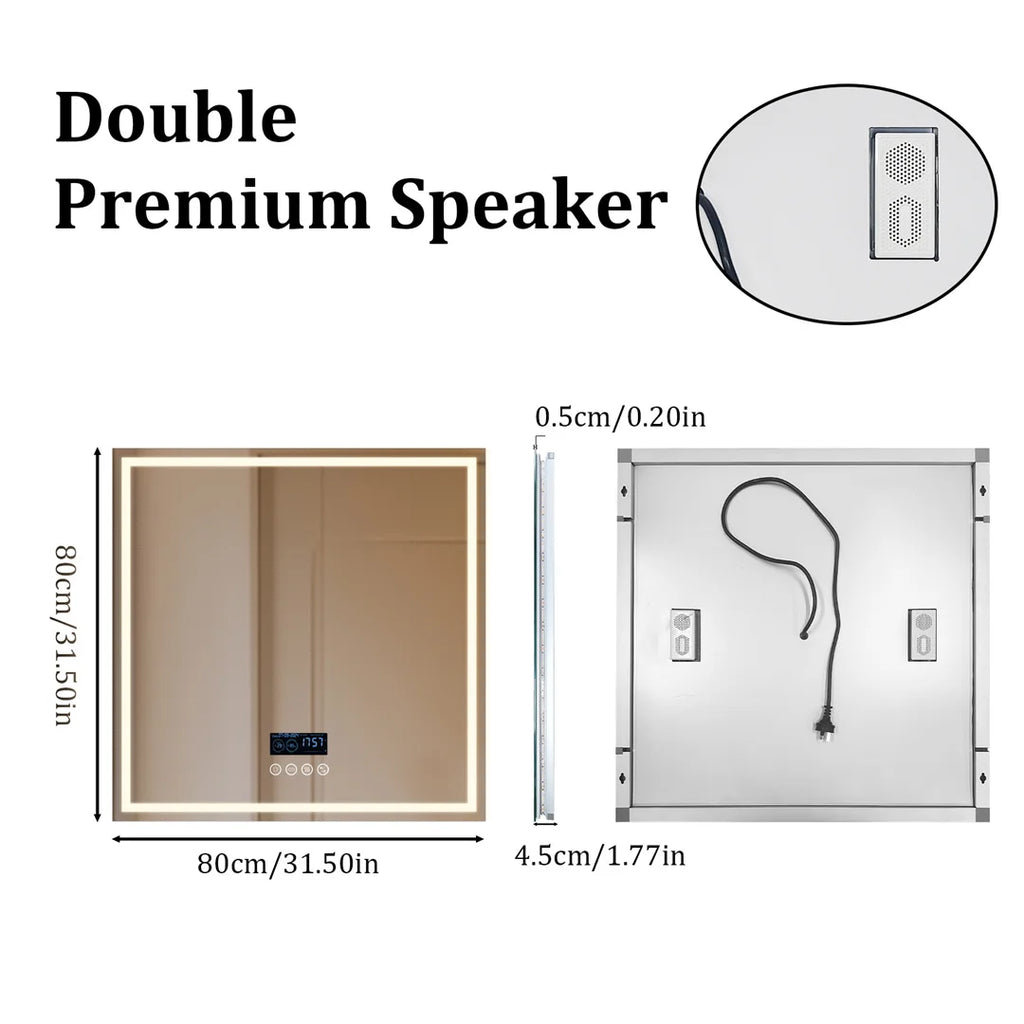 Bathroom Mirror 32 Inch Square LED Bluetooth Speaker Vanity Mirror 80x80cm
