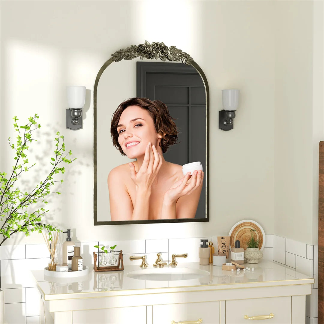 Vintage Baroque Arch Wall Mirror 91.6x60.5cm Gold Metal Frame Resin Rose Pattern Decorative Mirror