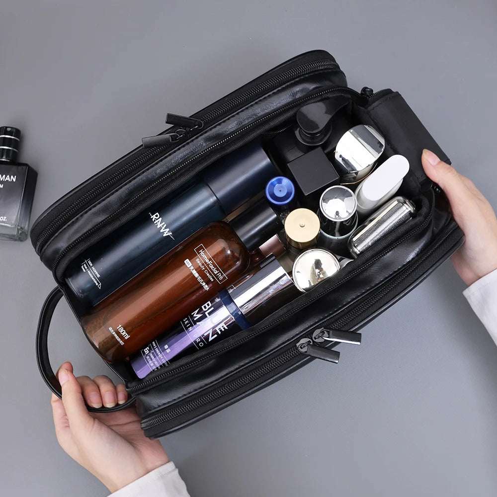 Multi Pocket PU Toiletry Bag Waterproof Hanging Travel Cosmetic Makeup Organizer Wash Storage Pouch Women Men Black