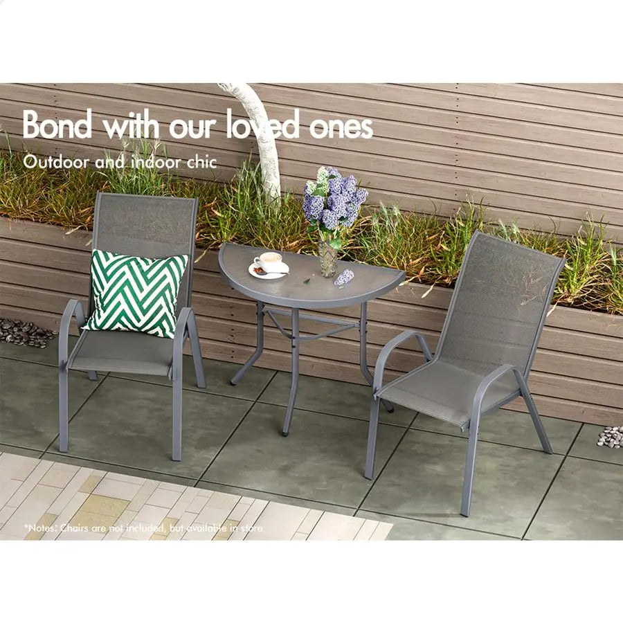 3-Pieces Garden Patio Set Semicircle Coffee Table With Chairs Bistro Side Table Ø70cm Tempered Glass Outdoor Gray