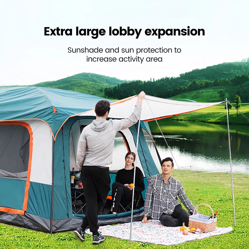 4 Season Camping Tent 430x300x200cm Waterproof Windproof Family Tent Double Layer 2 Room Shelter Green 3-5 Person