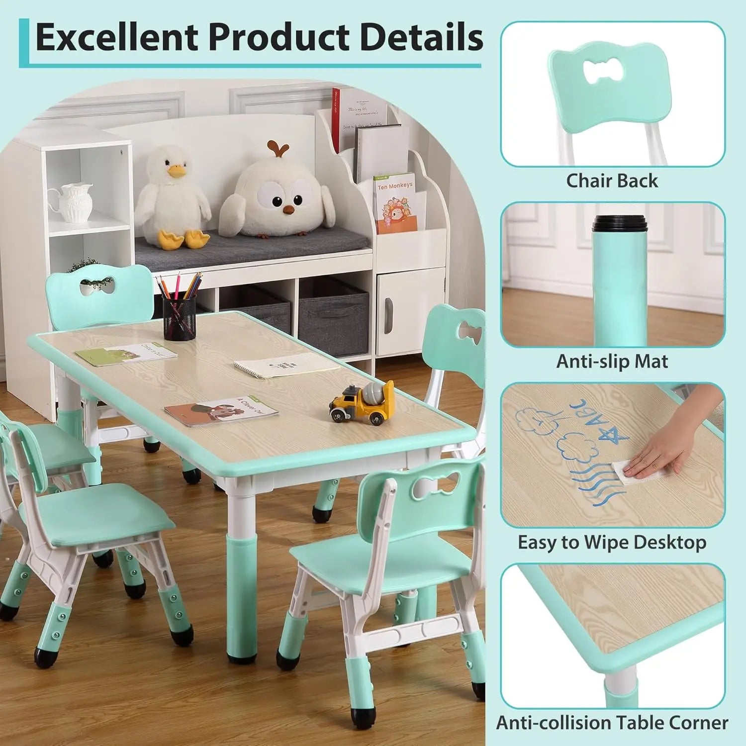 Activity Table and 6 Chairs Set Height Adjustable Study Desk with Graffiti Desktop Non Slip Legs Mint Green White