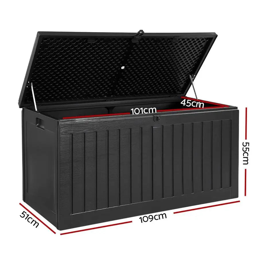 Storage Box Bench 270L Outdoor Lockable Container Large Deck Chest for Tools, Toys, Garden Supplies, and Seating Black 109x51x55cm