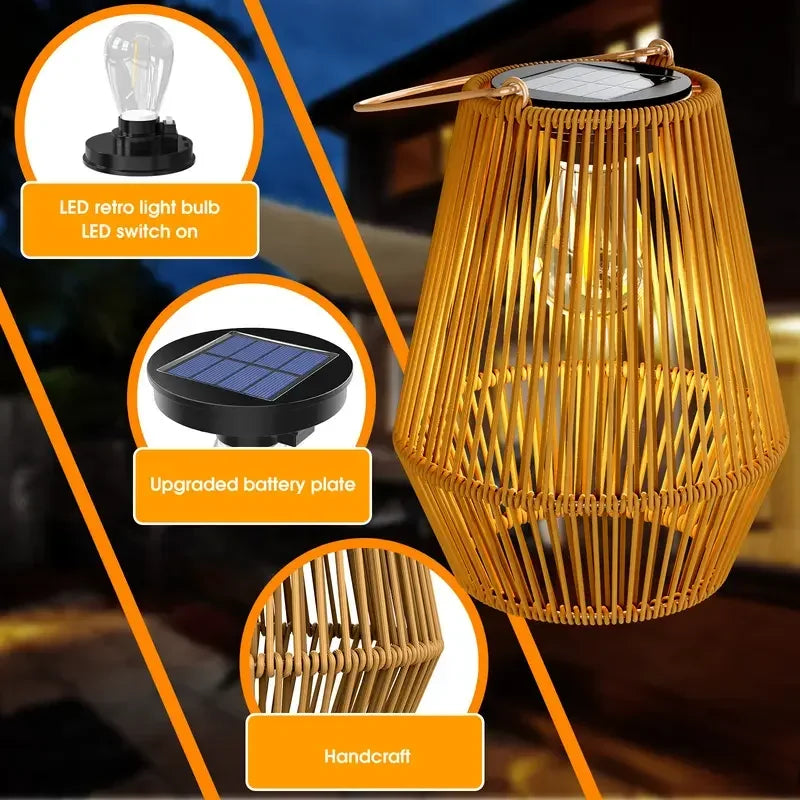 Outdoor Solar Boho Rattan Hanging Lantern Waterproof LED Wicker Lamp 21x16x32cm