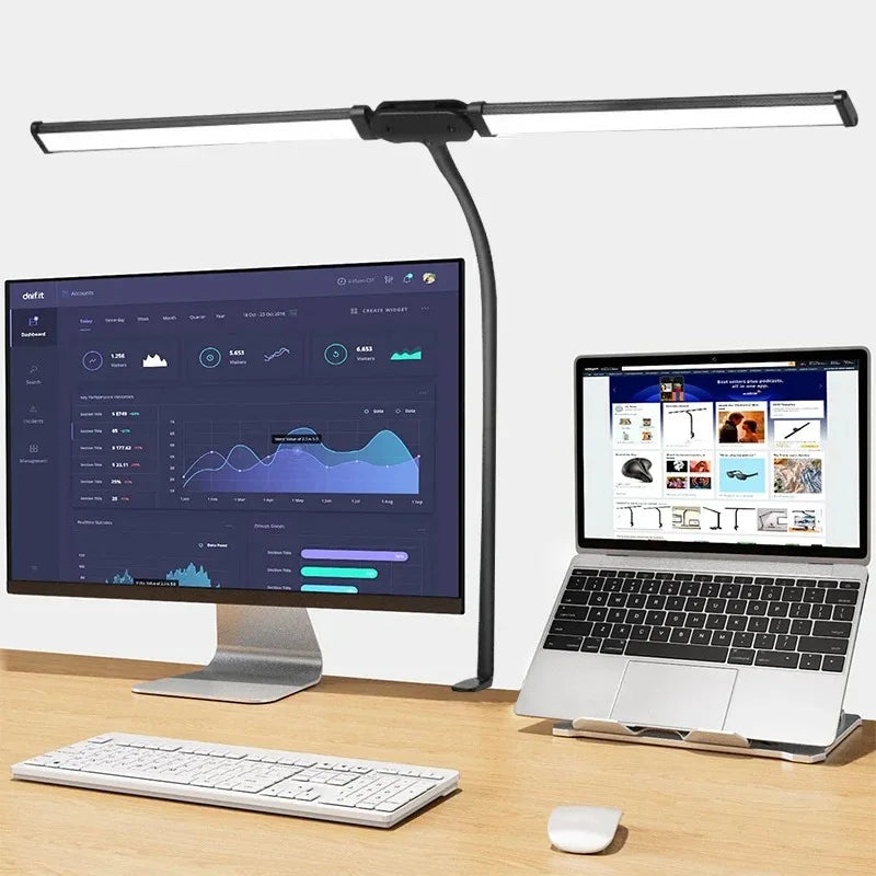 LED Desk Lamp Double Head Architect Office Light Eye Caring Stepless Dimmable Adjustable Gooseneck Study Work Lamp Black