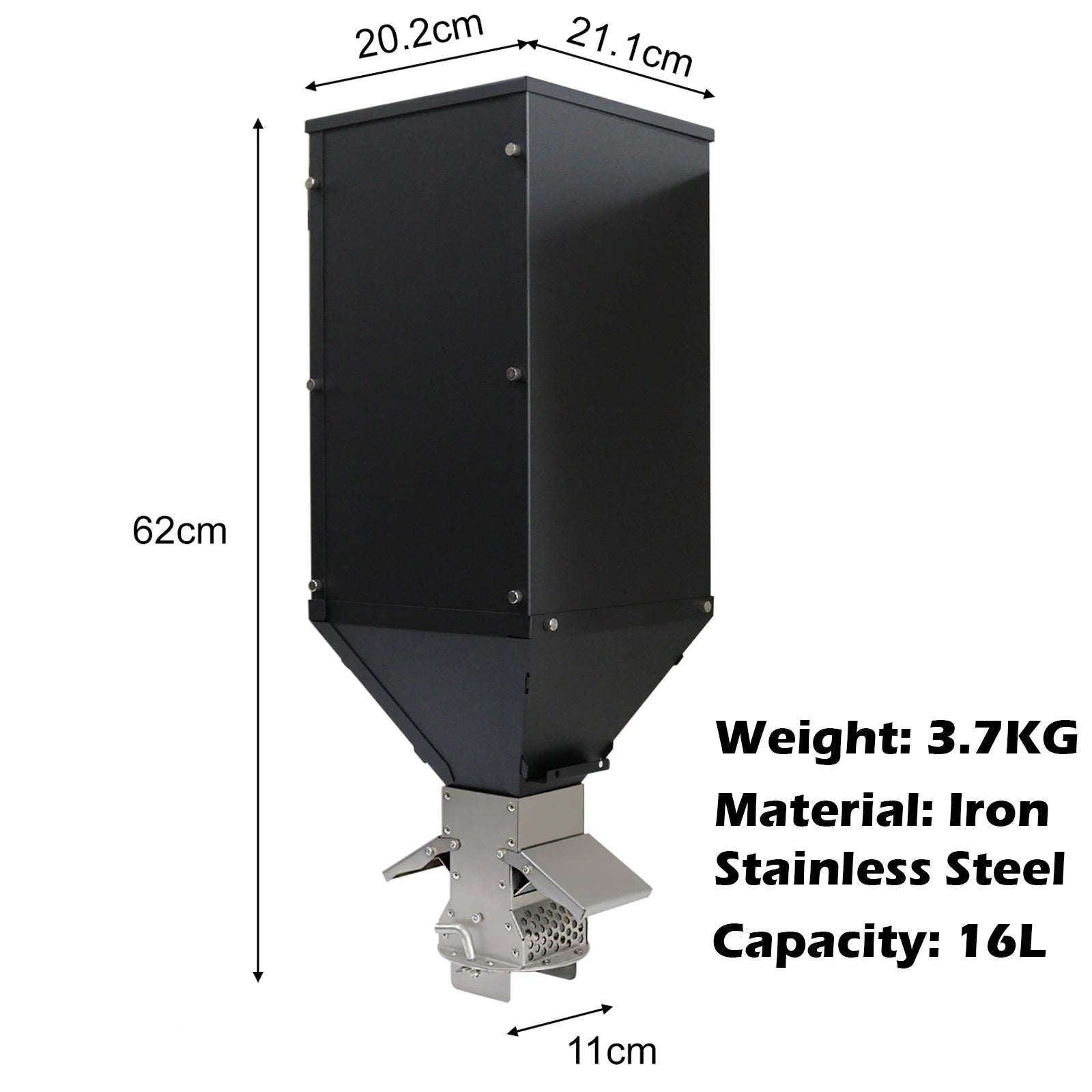 Pellet Hopper Gravity Feed Fuel Storage Bin Stainless Steel 16L for Pellet Stove Burner Black 21.1 x 20.2 x 62cm