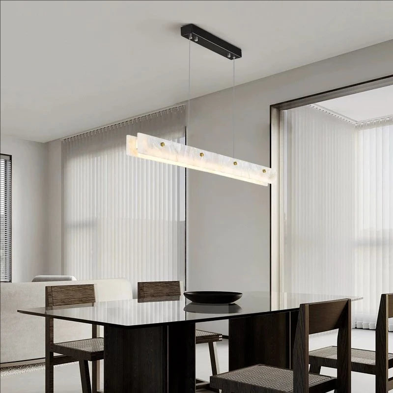 Luxury Linear Pendant Light LED Minimalist Natural Marble Chandelier Hanging Ceiling Fixtures for Kitchen Island Dining Room Bar Black 150x8x6cm
