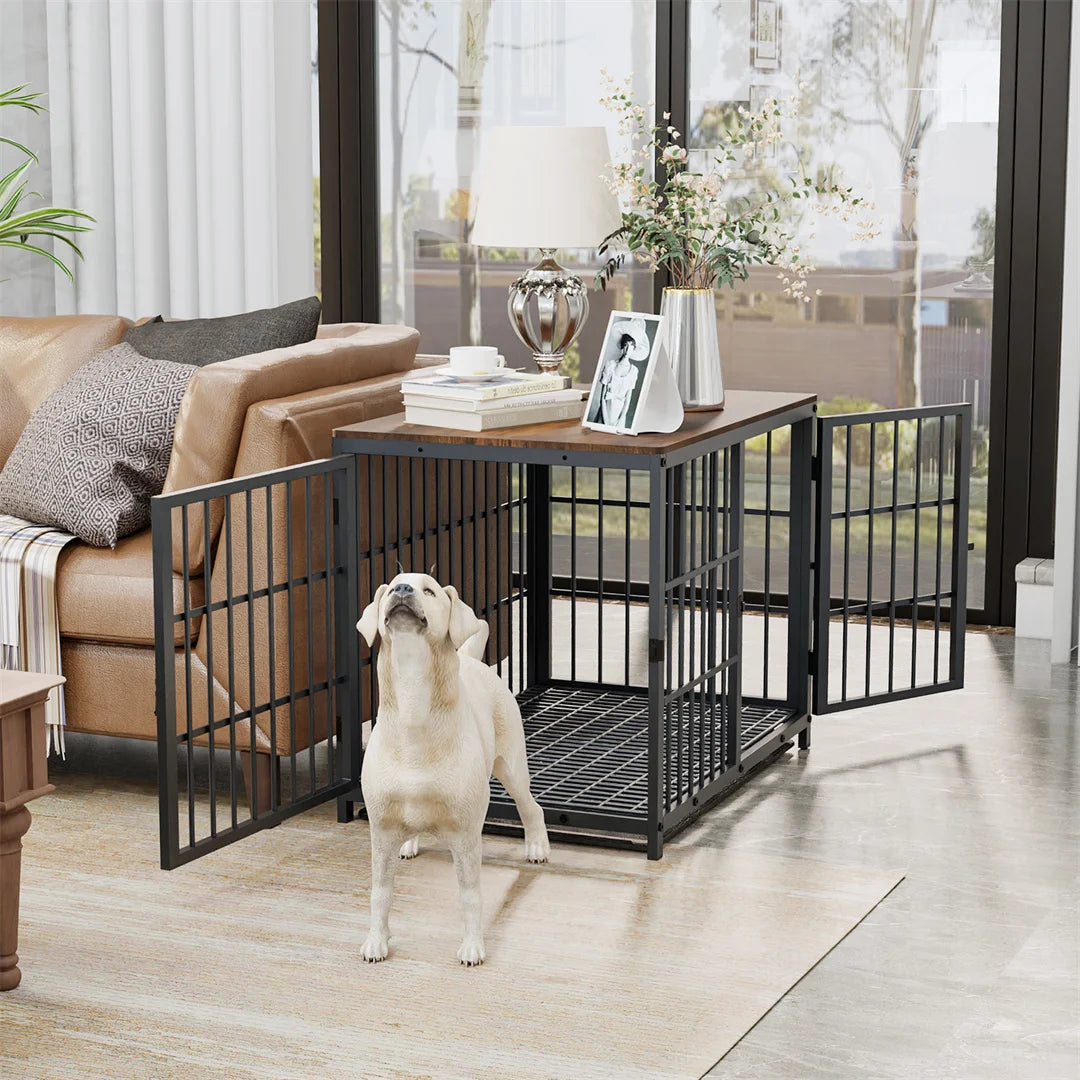 Wooden Dog Crate Furniture with 3 Doors Removable Tray Metal Frame End Table for X-Large Dogs Black 107.5x71.5x81cm