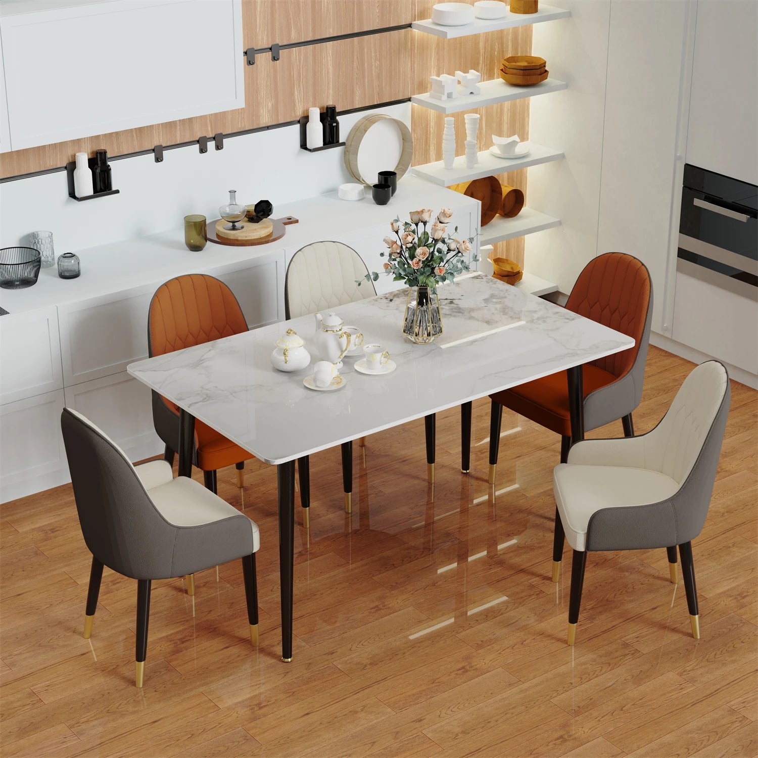 High Gloss Marble Dining Table 4-6 Seat Rectangular Kitchen and Restaurant Table White Emerald 120 × 70 × 76cm