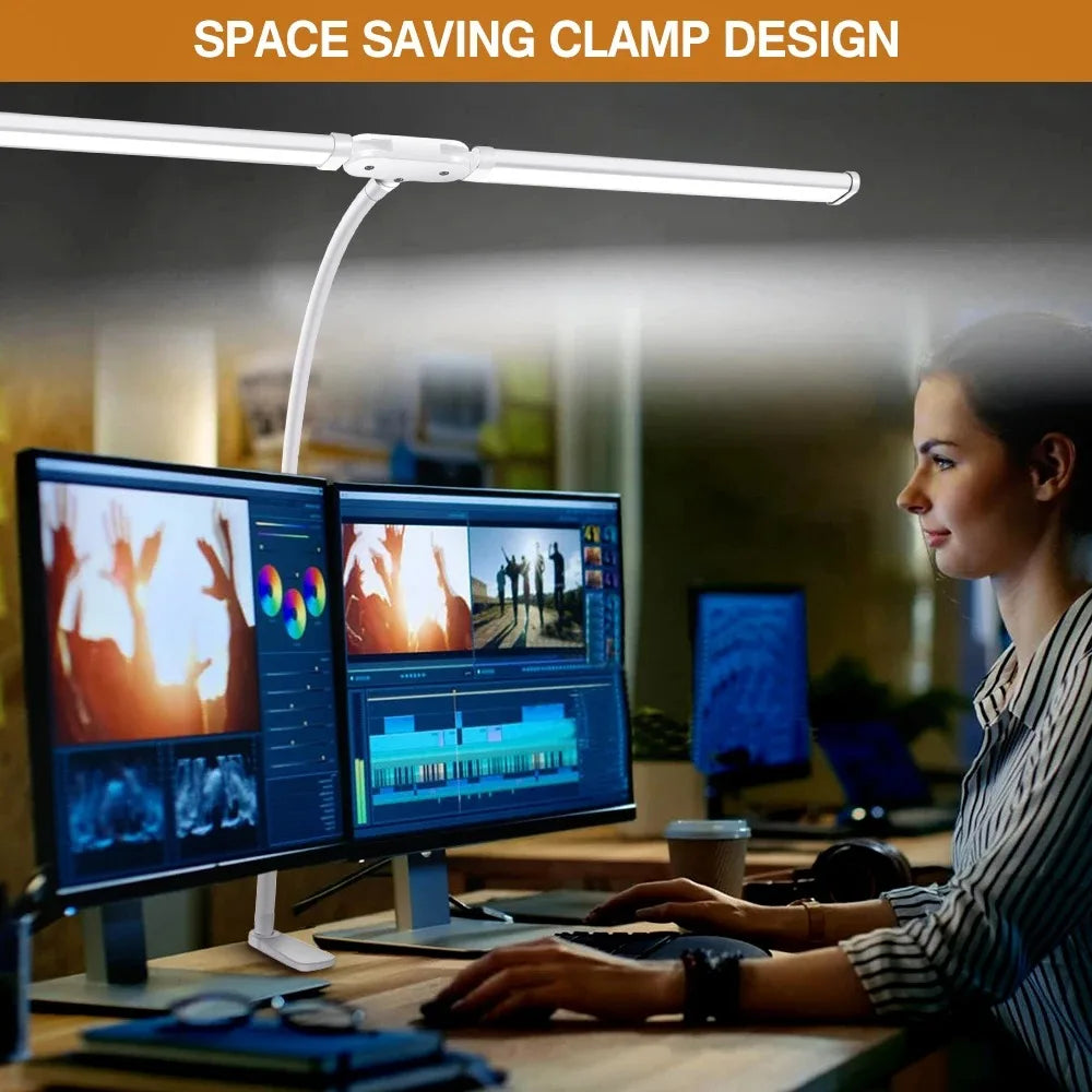 LED Desk Lamp Double Head Architect Office Light Eye Caring Stepless Dimmable Adjustable Gooseneck Study Work Lamp White