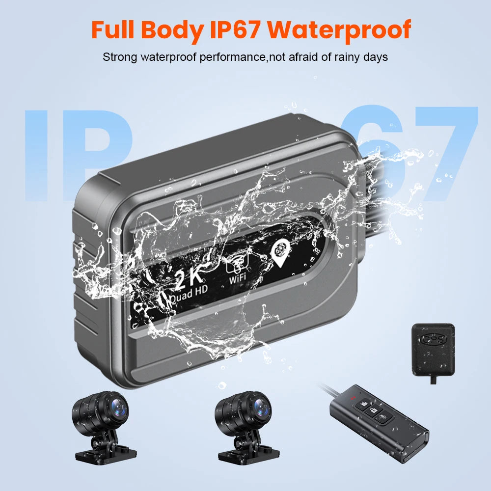 Dual 2K Motorcycle Dash Camera Front and Rear WiFi GPS Waterproof DVR with 128GB Memory Card