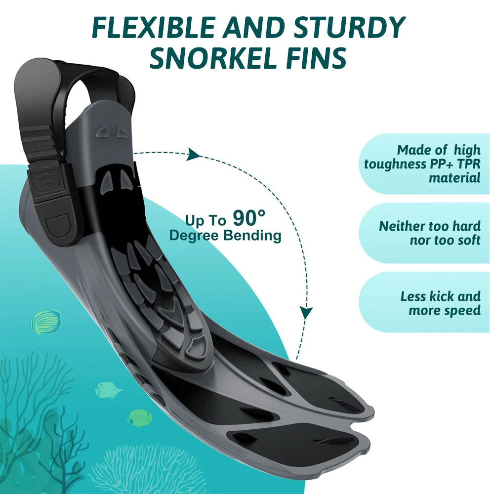Adjustable Snorkel Fins Short Silicone Swimming Flippers Open Heel Scuba Diving Shoes Adult Men Women All Black