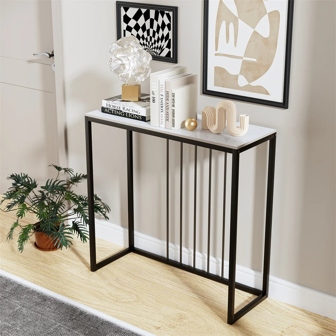 Black Metal Console Table with Storage Shelf Narrow Entryway Sofa Table for Hallway Living Room Use White 80x30x78.5cm
