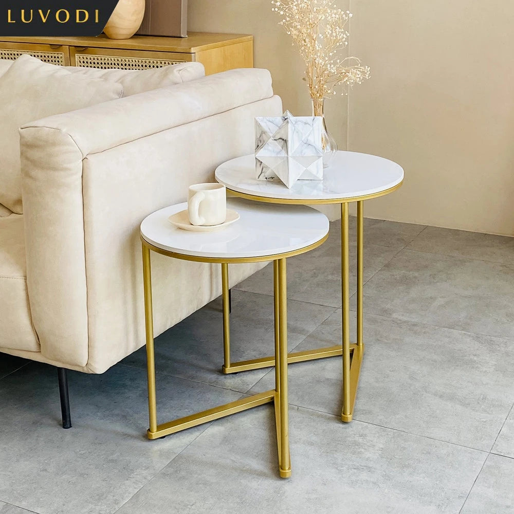 Round Nesting Coffee Tables Set of 2 Sintered Stone Top Gold White 45x55cm 40x50.5cm Side Tables