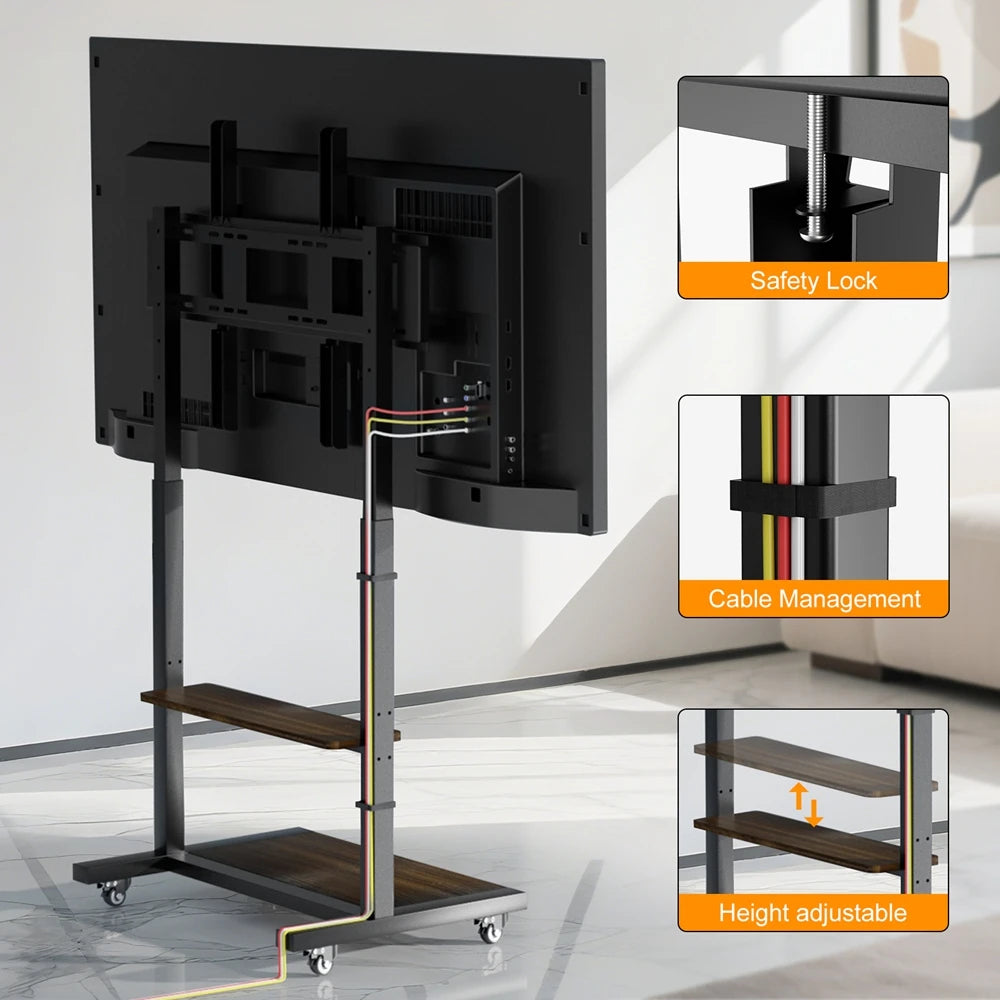 Mobile TV Stand with Shelves and Wheels Height Adjustable TV Cart for 40-100 Inch TVs Black and Wood 62x50x139cm