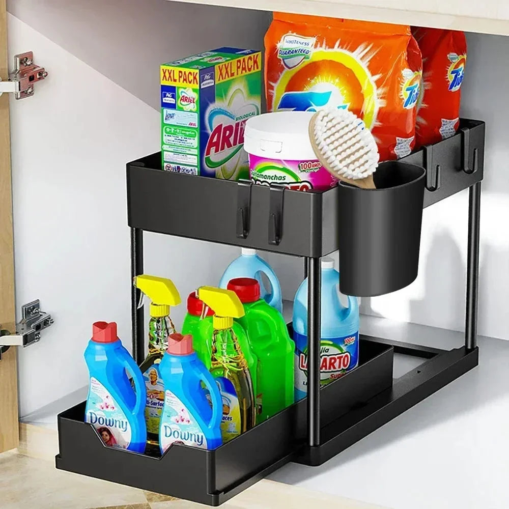 2 Tier Under Sink Organizer Sliding Cabinet Storage Rack Basket with Hooks Hanging Cup Bathroom Kitchen Organizer Black