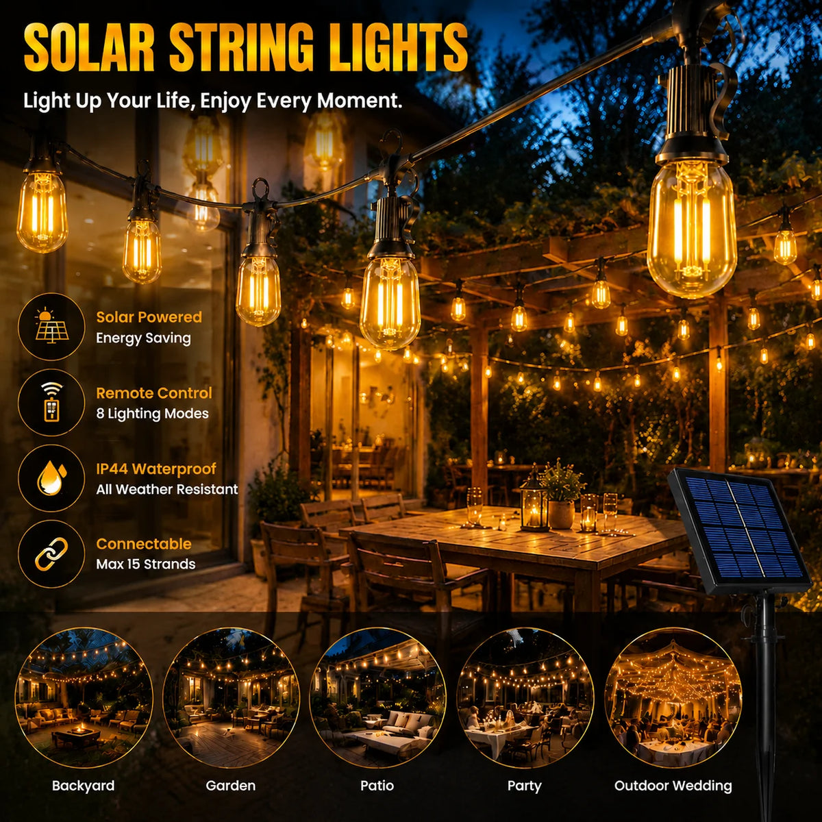 Outdoor Solar String Lights E12 Glass T22 Amber LED Retro Bulbs Waterproof Patio Garden Backyard Bistro 18m 30 Bulbs