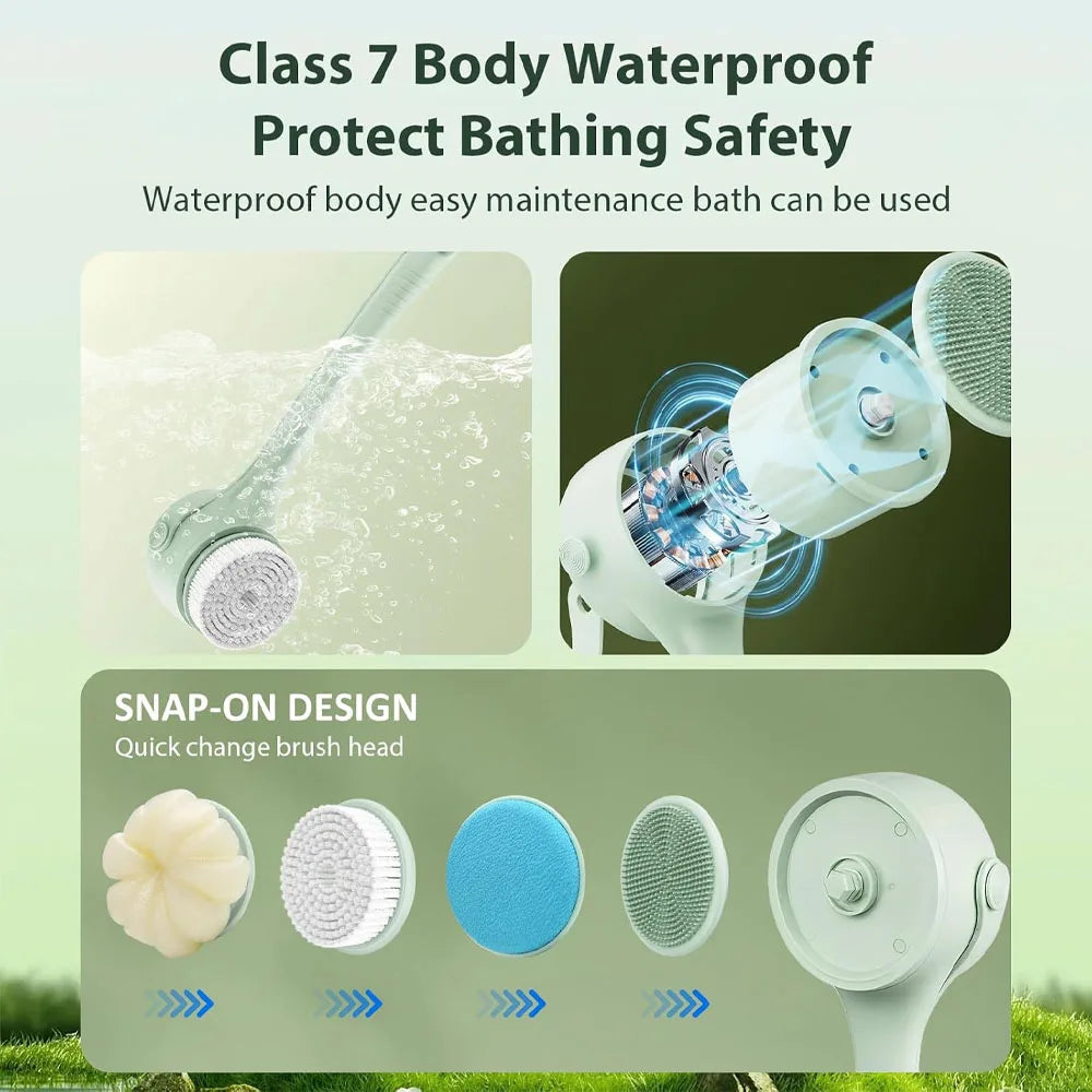 Electric Body Brush Shower Back Scrubber Type C Rechargeable Long Handle Bath Brush 4 Replaceable Heads Hook Green