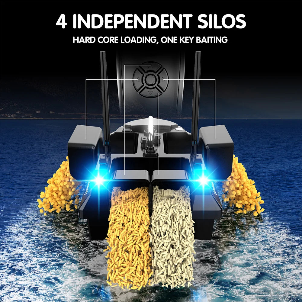 Bait Boat Remote Control Fishing Boat with 4 Independent Hoppers, 500m Range, 12000mAh Battery and LED Lights