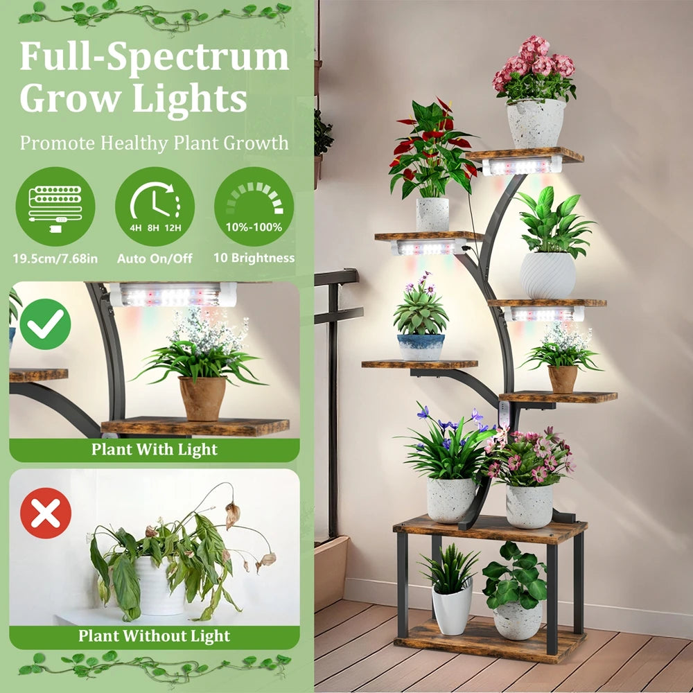 Plant Stand with LED Grow Lights 5 Tier Flower Display Rack Tall Indoor Plant Shelf Brown 80x26x150cm